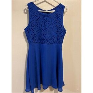 Ya Los Angeles Royal Blue Laser Cut Eyelet Sleeveless Skater Dress L